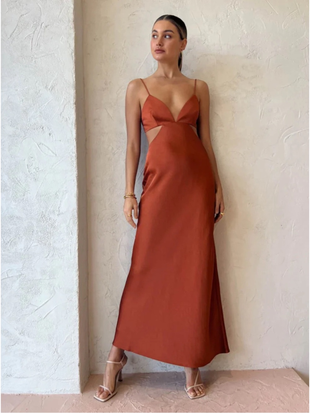 Anthropologie Significant Other Jacy Dress Size US 12 Clay Maxi Cutout Satin - Picture 14 of 14